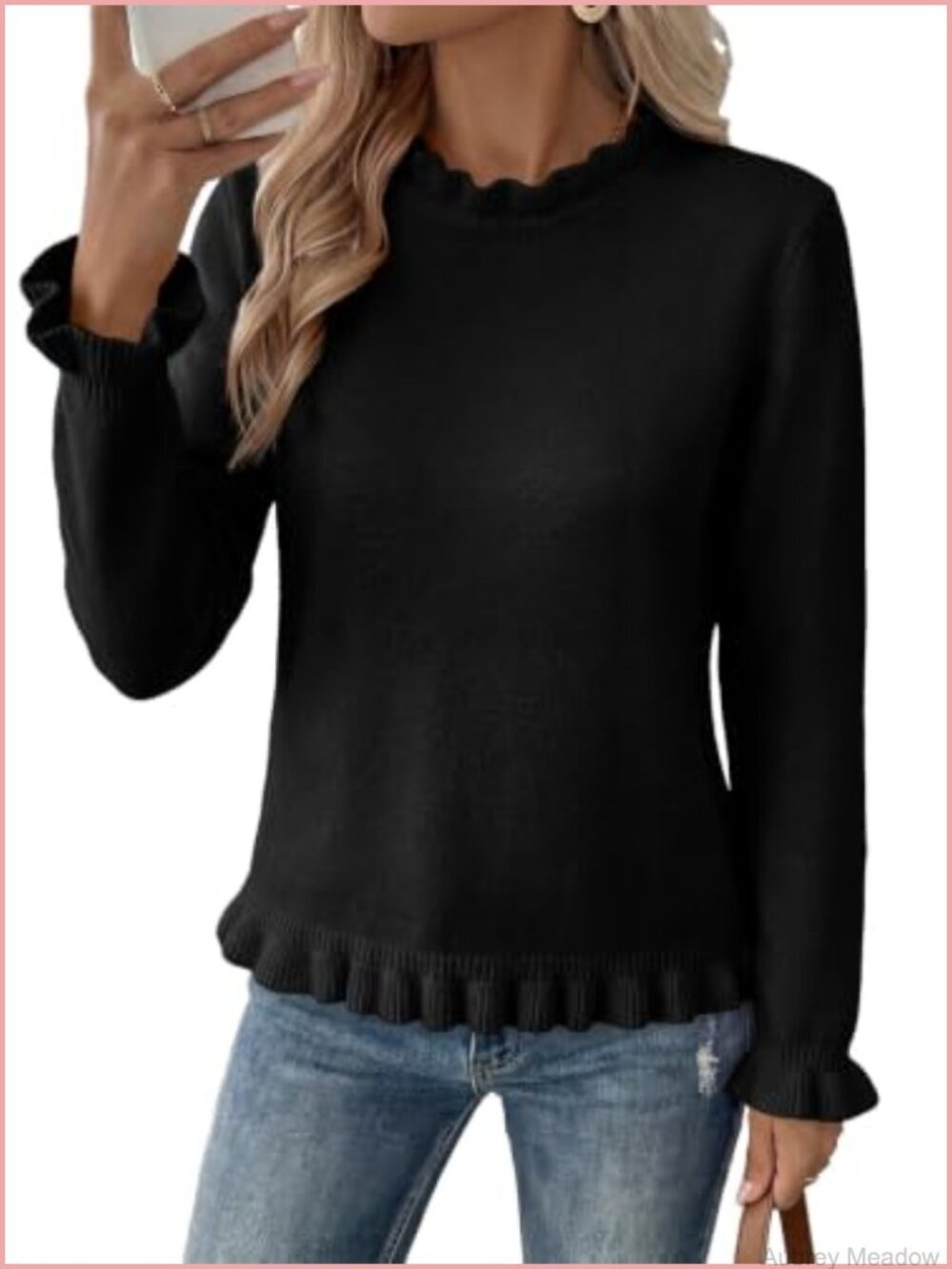 Ruffle Peplum Sweater Pullover Mock Neck Long Sleeve Dressy Work Top